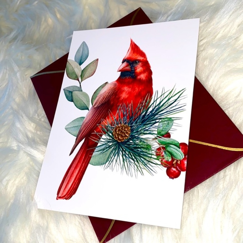 Set of Five Elegant Cardinal Greeting Cards Postcard Style & Luxury Envelopes - Picture 4 of 7
